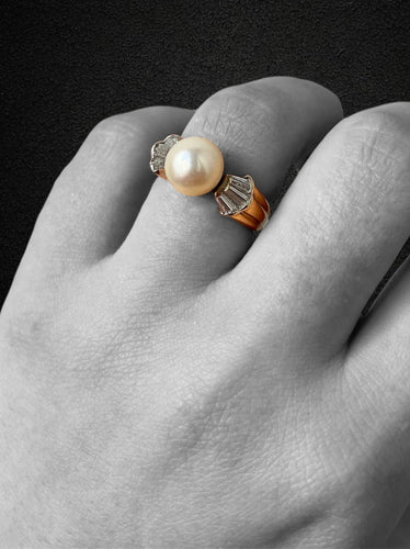 Bague 52.5 Bague - Perle et diamants en or jaune 18K 58 Facettes