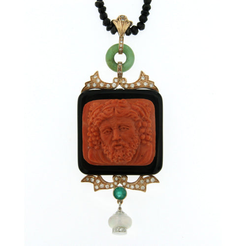 Pendentif Pendentif - Coral, onyx et diamants en or rose 58 Facettes c34