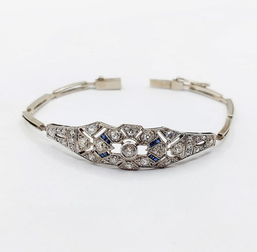 Bracelet Art déco en or blanc, platine, diamants et saphirs 58 Facettes A07544