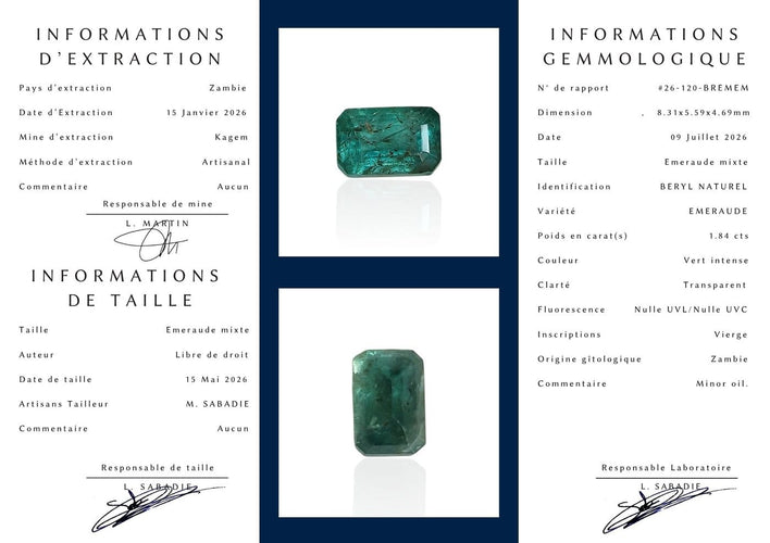 Émeraude de Zambie - Pierre 1,84 ct vert intense 58 Facettes #26-120-BREMEM