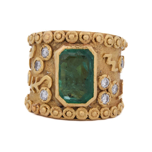 47 Bague vintage en or 18 kt avec émeraude et diamants 58 Facettes AN687 '(05290)