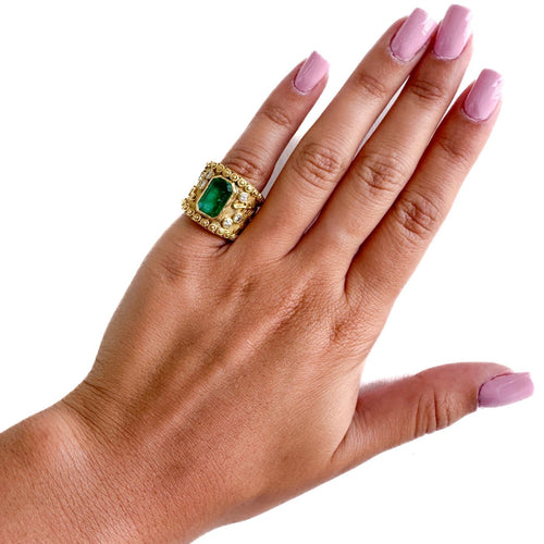 47 Bague vintage en or 18 kt avec émeraude et diamants 58 Facettes AN687 '(05290)