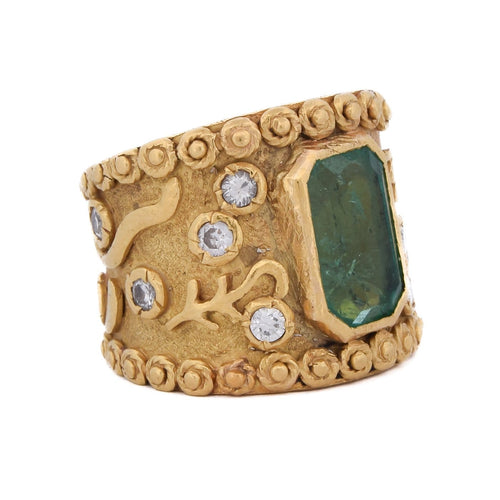 47 Bague vintage en or 18 kt avec émeraude et diamants 58 Facettes AN687 '(05290)