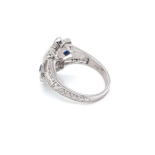 Bague 54 Bague cocktail Art déco en or blanc 14k, saphirs et diamants 58 Facettes