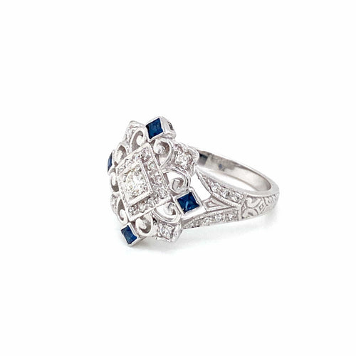 Bague 54 Bague cocktail Art déco en or blanc 14k, saphirs et diamants 58 Facettes