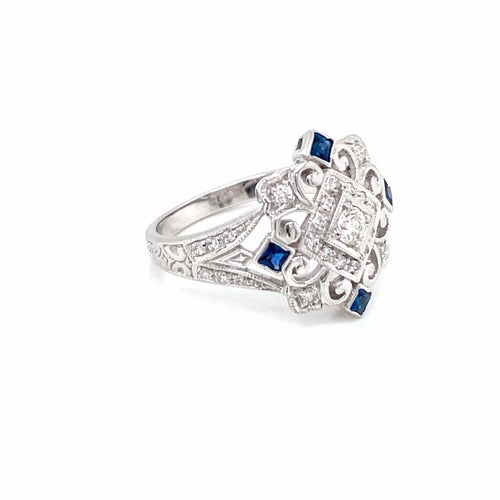 Bague 54 Bague cocktail Art déco en or blanc 14k, saphirs et diamants 58 Facettes