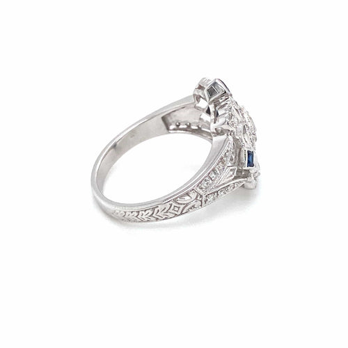 Bague 54 Bague cocktail Art déco en or blanc 14k, saphirs et diamants 58 Facettes