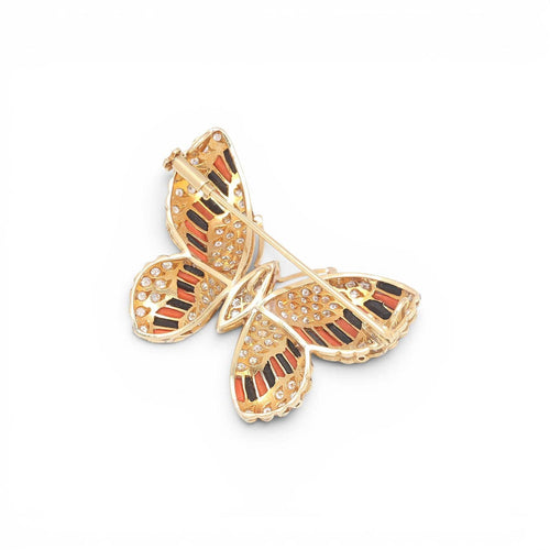Broche pendentif papillon en or jaune 18K, diamants, calcédoine et corail 58 Facettes E-41