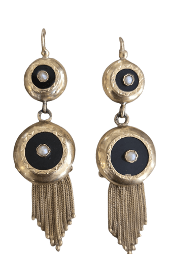 Napoléon III - Boucles d'oreilles en or 18 ct, onyx et perles 58 Facettes 1