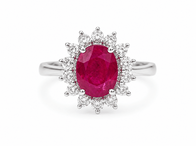 54 Bague entourage en or blanc, rubis et diamants 58 Facettes 32239