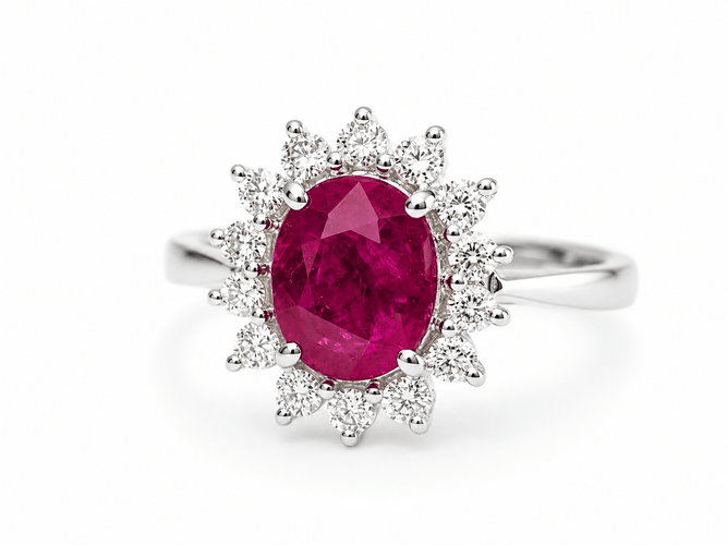 54 Bague entourage en or blanc, rubis et diamants 58 Facettes 32239