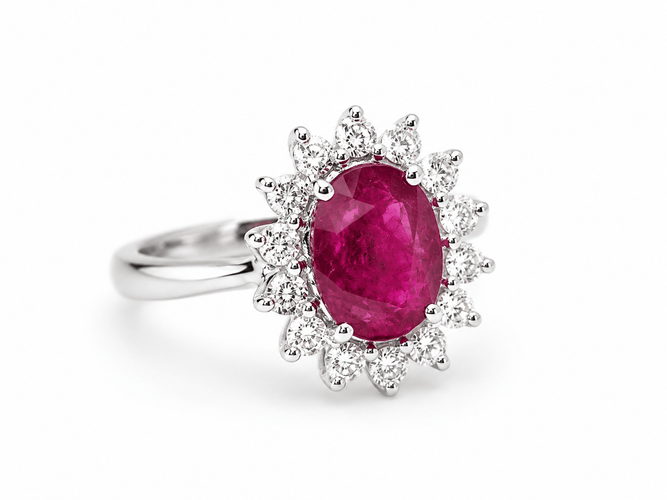 54 Bague entourage en or blanc, rubis et diamants 58 Facettes 32239