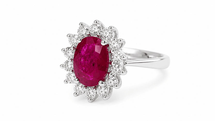 54 Bague entourage en or blanc, rubis et diamants 58 Facettes 32239