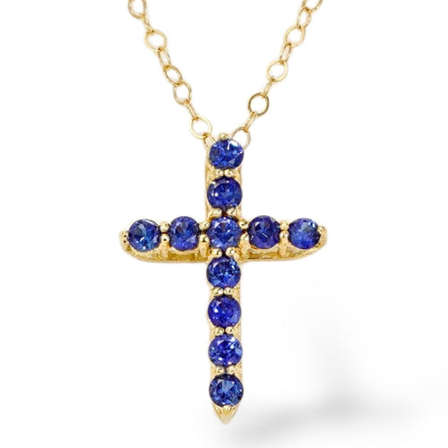 Pendentif croix en or jaune et saphirs naturels 58 Facettes P005