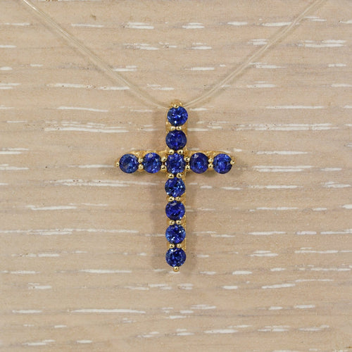 Pendentif croix en or jaune et saphirs naturels 58 Facettes P005