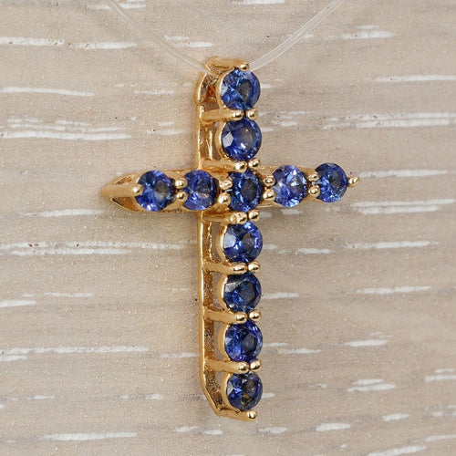 Pendentif croix en or jaune et saphirs naturels 58 Facettes P005
