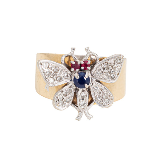 Bague 52 Bague papillon vintage en or jaune et blanc 14 carats, diamants 58 Facettes G13163