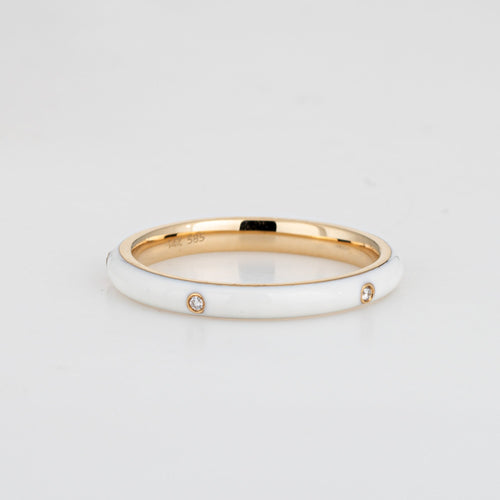 Bague 53 Bague anneau empilable en or jaune 14k, émail blanc et diamants 58 Facettes G13157