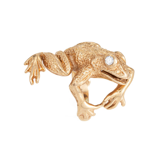 Bague 57 Bague grenouille vintage années 1970 en or jaune 14k et diamants 58 Facettes G14210