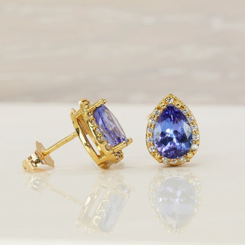 Boucles d'oreilles en or jaune 18 ct, tanzanites GFCO et diamants 58 Facettes E0033