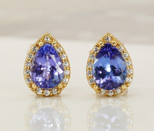 Boucles d'oreilles en or jaune 18 ct, tanzanites GFCO et diamants 58 Facettes E0033