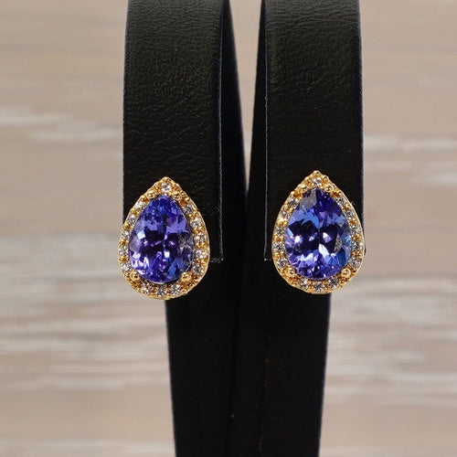 Boucles d'oreilles en or jaune 18 ct, tanzanites GFCO et diamants 58 Facettes E0033
