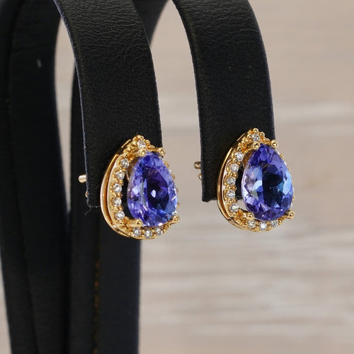 Boucles d'oreilles en or jaune 18 ct, tanzanites GFCO et diamants 58 Facettes E0033