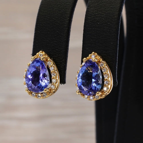 Boucles d'oreilles en or jaune 18 ct, tanzanites GFCO et diamants 58 Facettes E0033