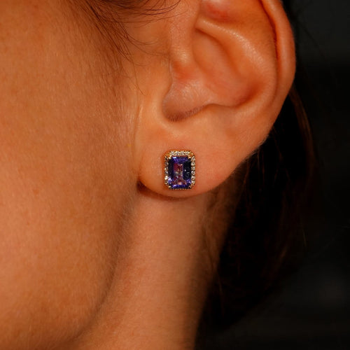 Boucles d'oreilles en or jaune 14 ct, tanzanites GFCO et diamants 58 Facettes E0035