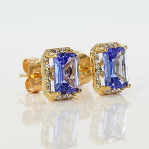 Boucles d'oreilles en or jaune 14 ct, tanzanites GFCO et diamants 58 Facettes E0035
