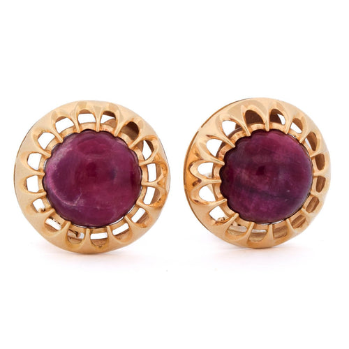 Boucles d'oreilles vintage en or jaune 18 kt et rubis cabochon 58 Facettes OR245 '(00619)