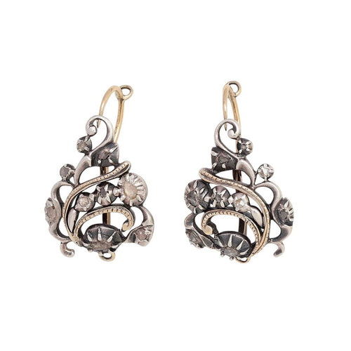 Boucles d'oreilles anciennes en or jaune 18K, argent et diamants 58 Facettes E63