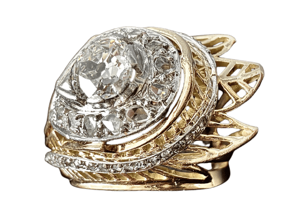 57 Bague ancienne 1950 en or jaune, platine et diamants 58 Facettes Bague 2