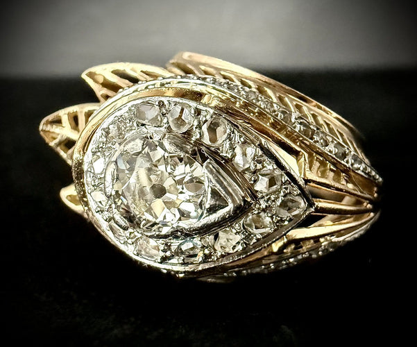 57 Bague ancienne 1950 en or jaune, platine et diamants 58 Facettes Bague 2