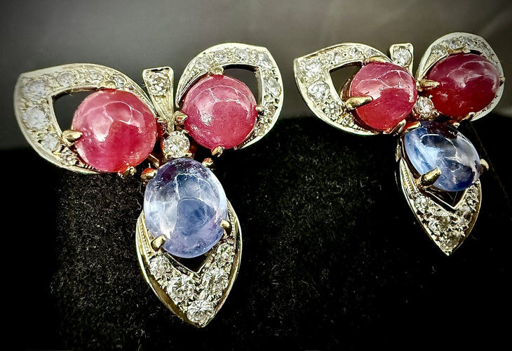 Boucles d'oreilles transformables en or 18 carats, rubis, saphirs et diamants 58 Facettes Boucles 1