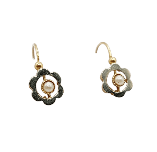 Dormeuses fleurs anciennes en or blanc et jaune 18k et perle 58 Facettes A07578
