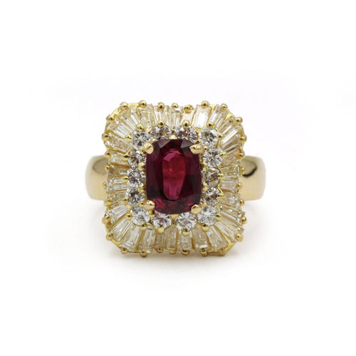 53 Bague ballerine en or jaune 18K, diamants baguette et rubis 58 Facettes SA019