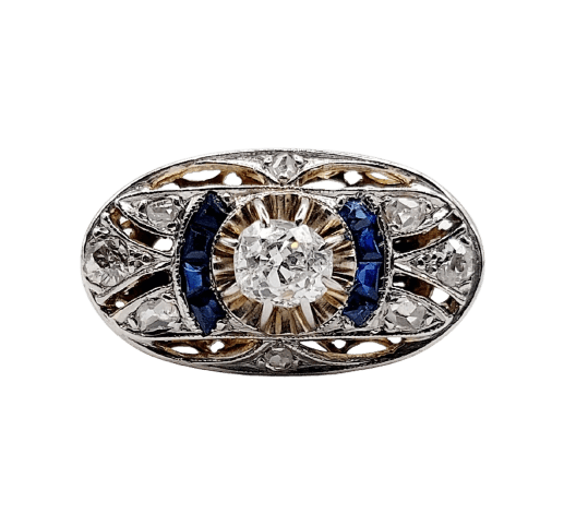 53 Bague marquise Art déco en or rose, diamants et saphirs 58 Facettes A07579
