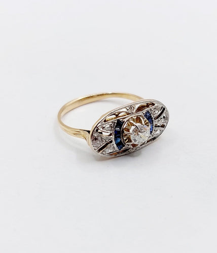 53 Bague marquise Art déco en or rose, diamants et saphirs 58 Facettes A07579