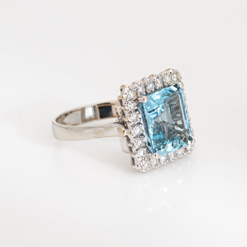 Bague 58 Bague cocktail carrée vintage en or blanc 18k, aigue-marine et diamants 58 Facettes G13366
