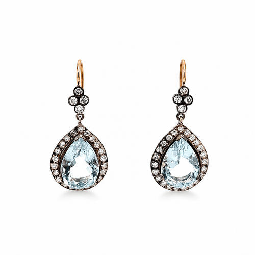 Boucles d'oreilles en or jaune, argent, aigue-marine et diamants 58 Facettes 50482