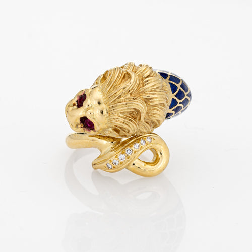 Bague 58 Bague lion vintage en or jaune 18 carats, diamants et rubis 58 Facettes G12697