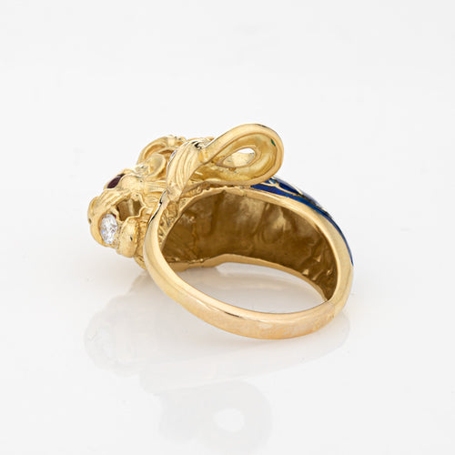 Bague 58 Bague lion vintage en or jaune 18 carats, diamants et rubis 58 Facettes G12697