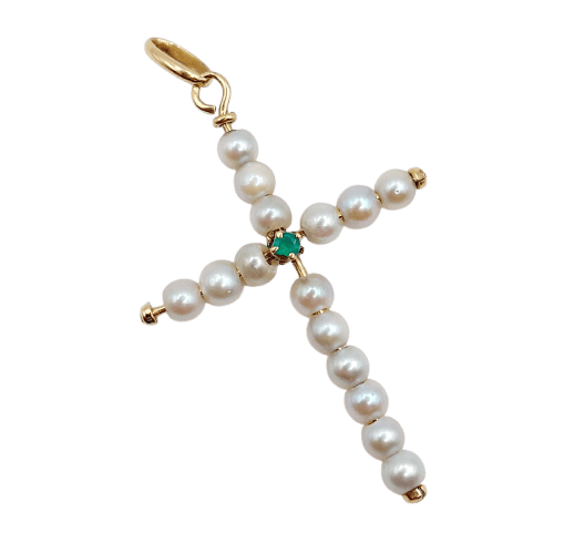 Pendentif croix vintage en or 18k, perles et émeraudes 58 Facettes A07501