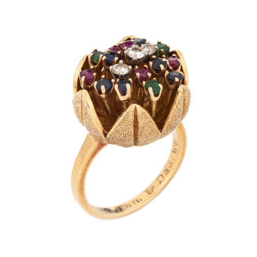 Bague 50 Bague tulipe vintage années 1960 en or jaune 18k, diamants et pierres 58 Facettes G12692