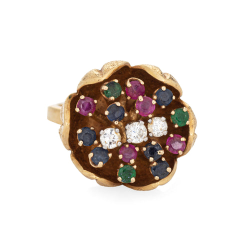 Bague 50 Bague tulipe vintage années 1960 en or jaune 18k, diamants et pierres 58 Facettes G12692