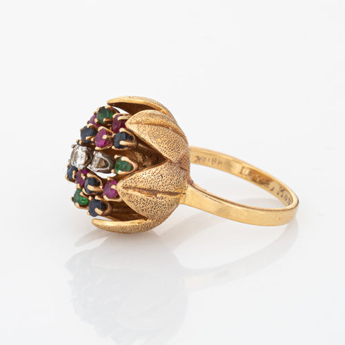 Bague 50 Bague tulipe vintage années 1960 en or jaune 18k, diamants et pierres 58 Facettes G12692