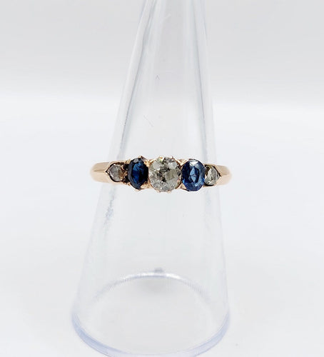 54.5 Bague antique en or rose 14K, diamant taille ancienne et saphirs 58 Facettes A07419