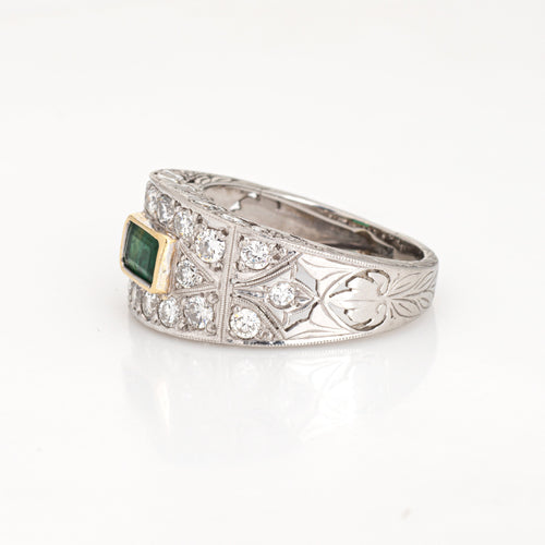 Bague 56 Bague large en platine 900 avec émeraude et diamants - taille 56 (FR) 58 Facettes G13414