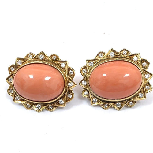 Boucles d'oreilles en or jaune 18 kt, corail rose et diamants 58 Facettes 442/26 E 246/26